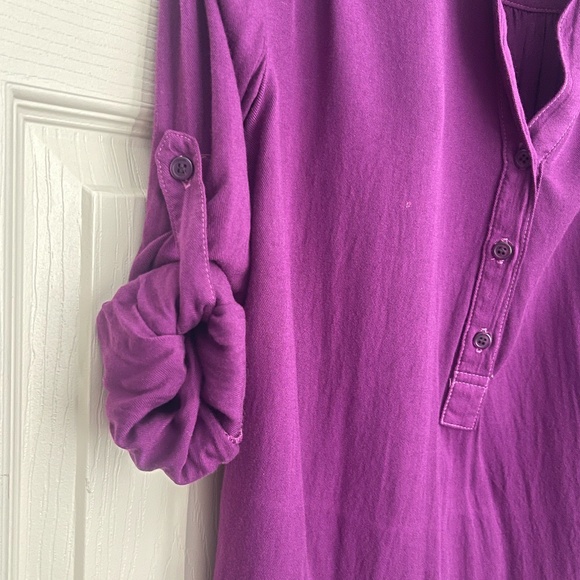 Side Stitch women's purple 3 Buttons Curved Hem Top roll-up sleeve. #222 - Picture 3 of 14